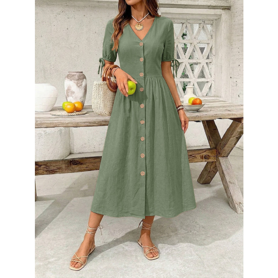Button-Down Short Sleeve Midi Dress Apparel and Accessories