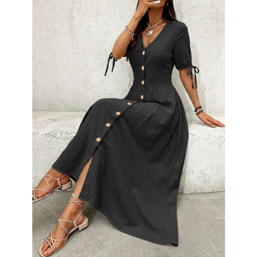 Button-Down Short Sleeve Midi Dress Black / S Apparel and Accessories