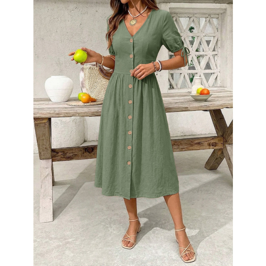 Button-Down Short Sleeve Midi Dress Sage / S Apparel and Accessories