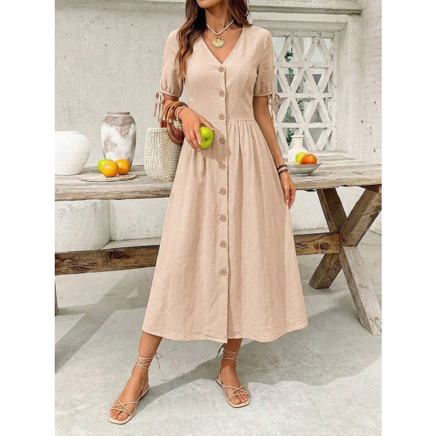 Button-Down Short Sleeve Midi Dress Tan / S Apparel and Accessories