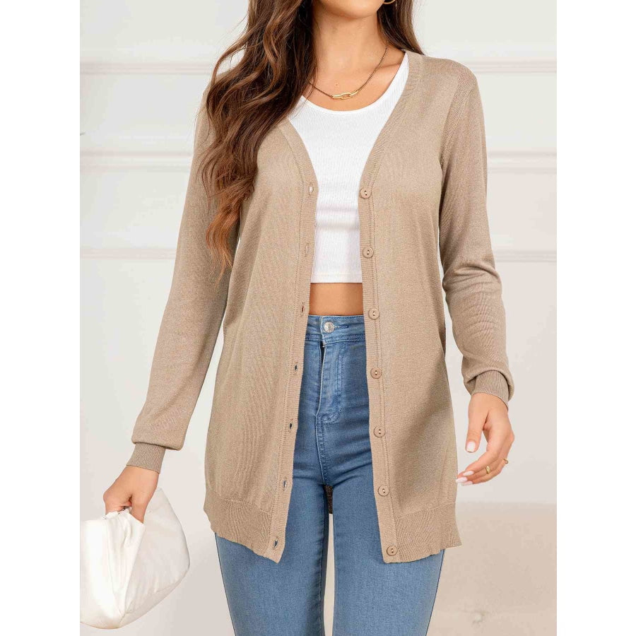 Button Down Slit Longline Cardigan Tan / S