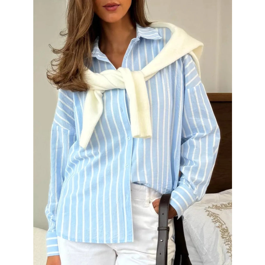 Button Down Striped Collared Neck Long Sleeve Shirt Apparel and Accessories