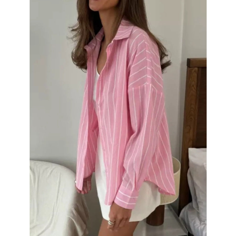 Button Down Striped Collared Neck Long Sleeve Shirt Apparel and Accessories