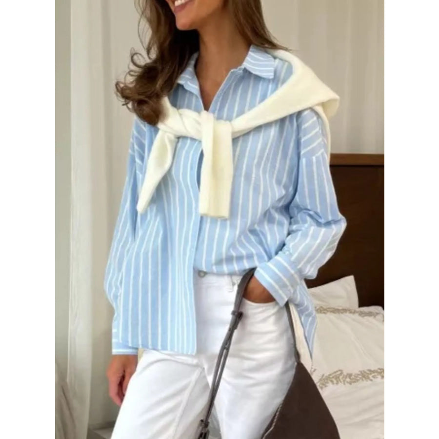 Button Down Striped Collared Neck Long Sleeve Shirt Apparel and Accessories