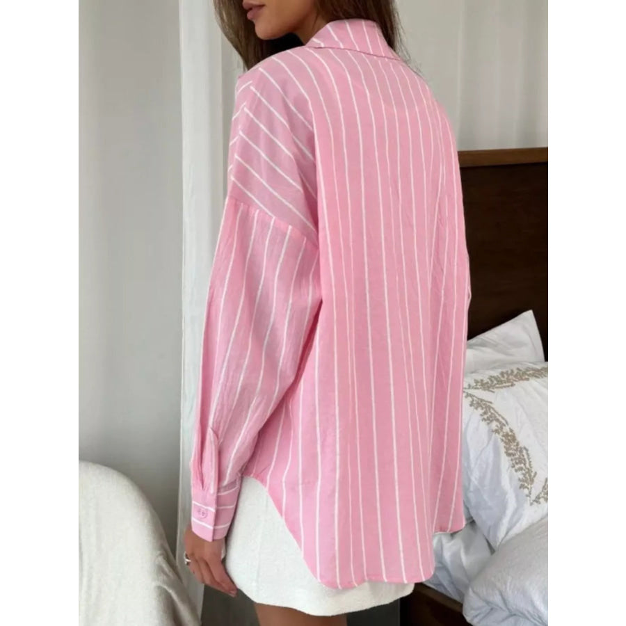 Button Down Striped Collared Neck Long Sleeve Shirt Apparel and Accessories