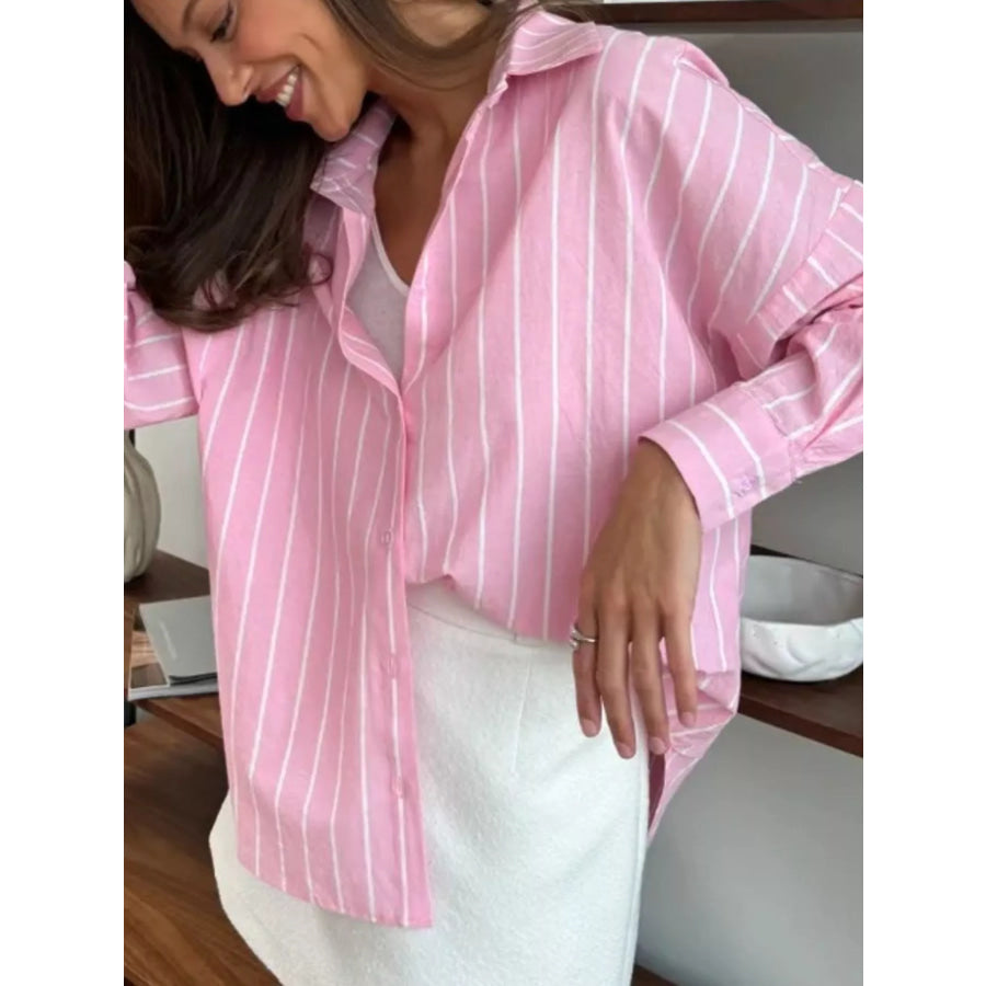 Button Down Striped Collared Neck Long Sleeve Shirt Apparel and Accessories