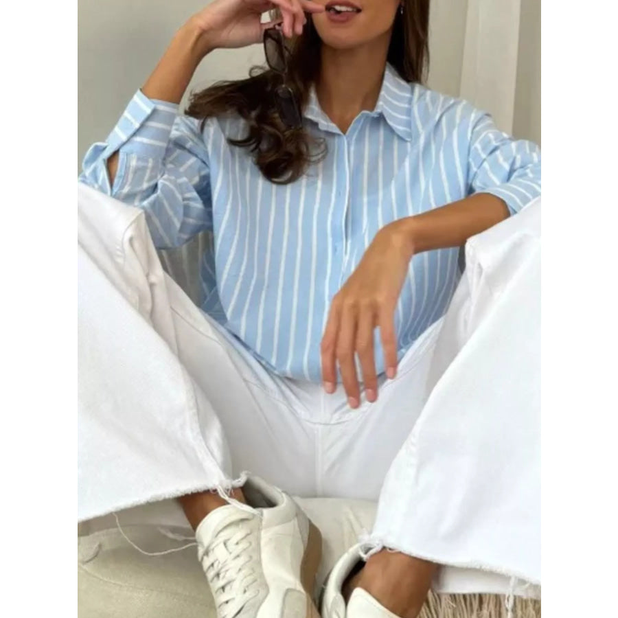 Button Down Striped Collared Neck Long Sleeve Shirt Apparel and Accessories