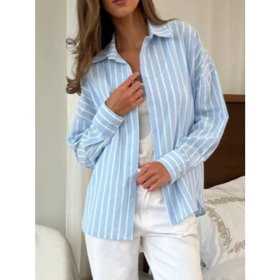Button Down Striped Collared Neck Long Sleeve Shirt Apparel and Accessories