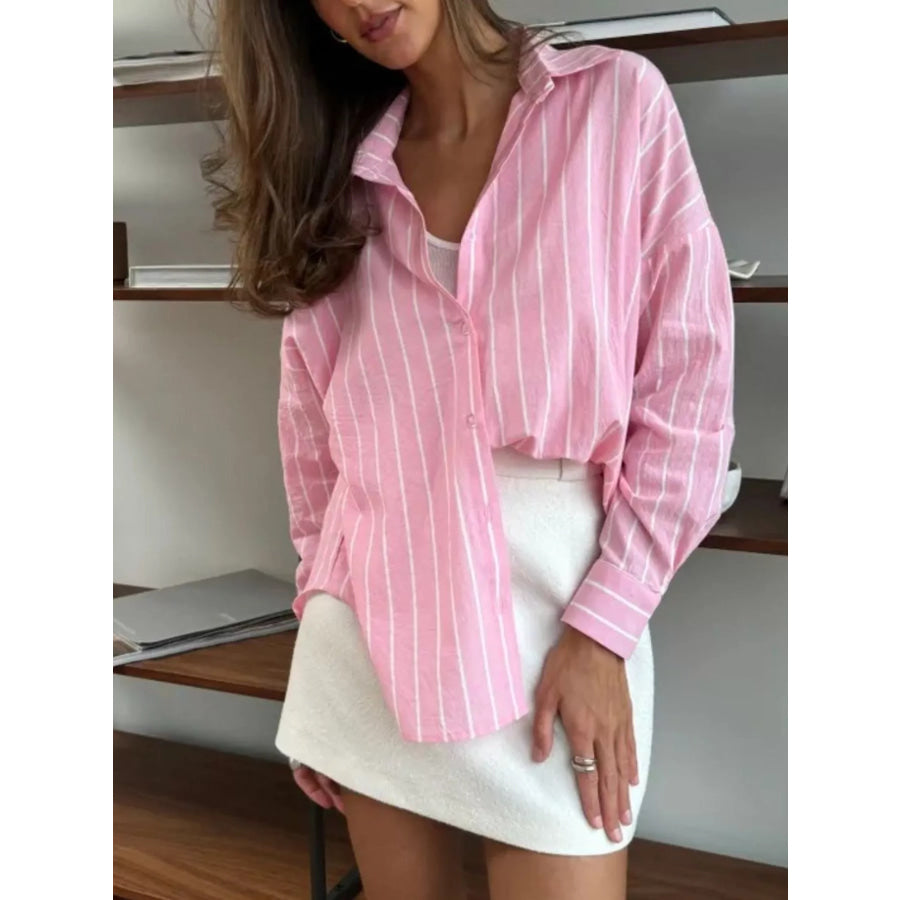 Button Down Striped Collared Neck Long Sleeve Shirt Blush Pink / S Apparel and Accessories