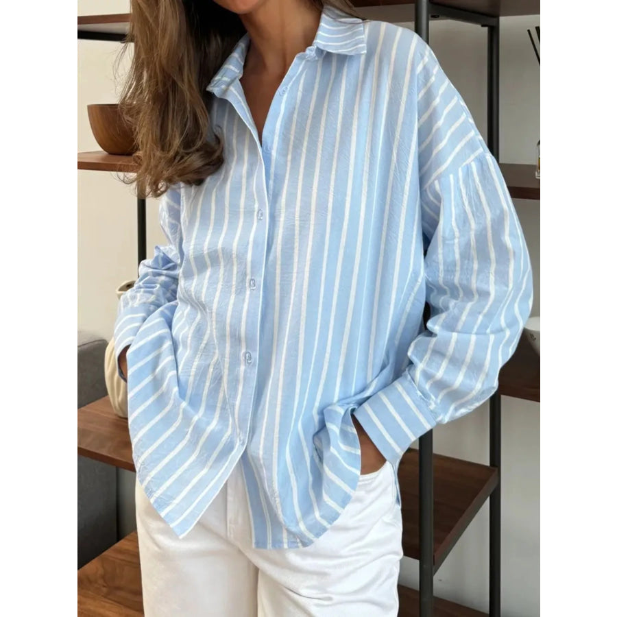 Button Down Striped Collared Neck Long Sleeve Shirt Light Blue / S Apparel and Accessories