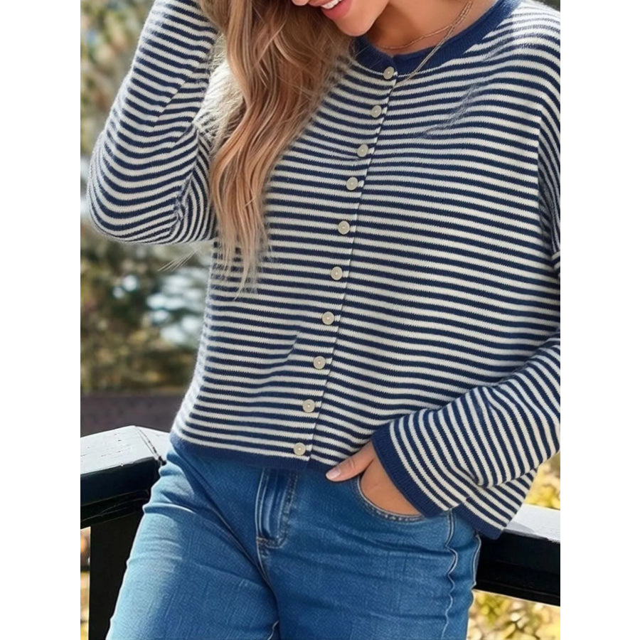 Button-Down Striped Knit Cardigan Dark Blue Stripes / S Apparel and Accessories