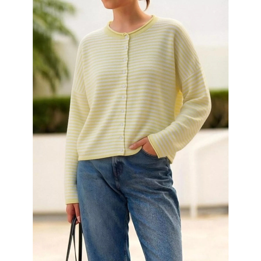 Button-Down Striped Knit Cardigan Light Yellow Stripes / S Apparel and Accessories
