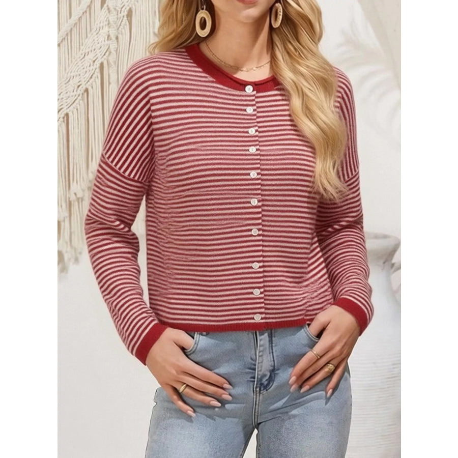 Button-Down Striped Knit Cardigan Red Stripes / S Apparel and Accessories