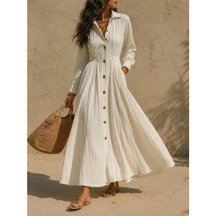 Button-Down Textured Maxi Shirt Dress Beige / S Apparel and Accessories