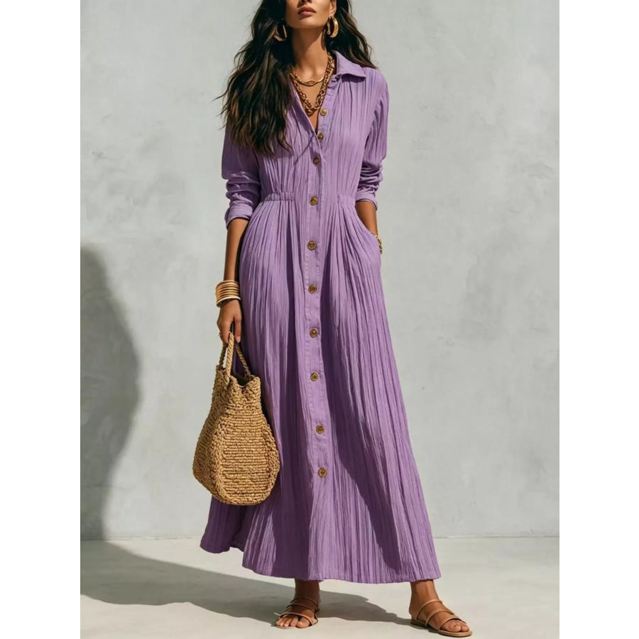 Button-Down Textured Maxi Shirt Dress Lilac / S Apparel and Accessories