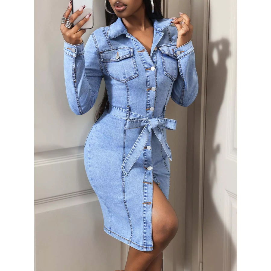 Button-Down Tie Waist Denim Dress Apparel and Accessories