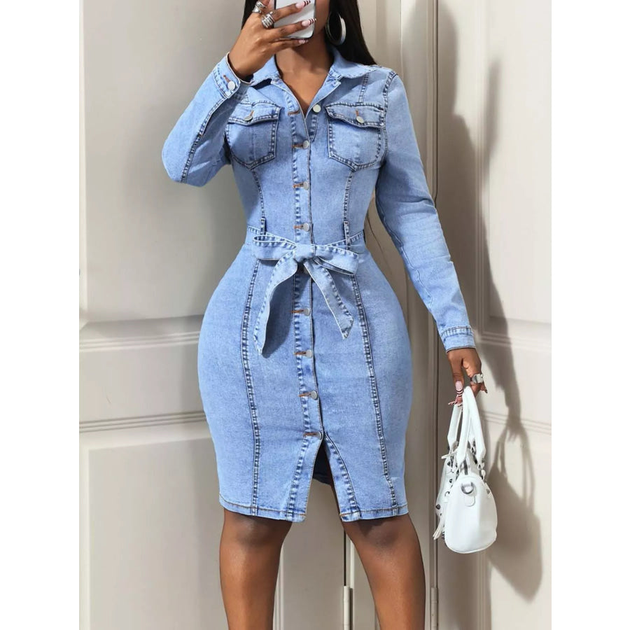 Button-Down Tie Waist Denim Dress Apparel and Accessories
