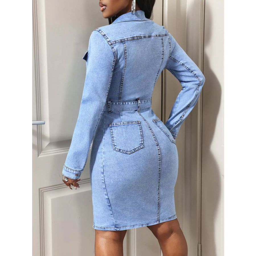 Button-Down Tie Waist Denim Dress Apparel and Accessories