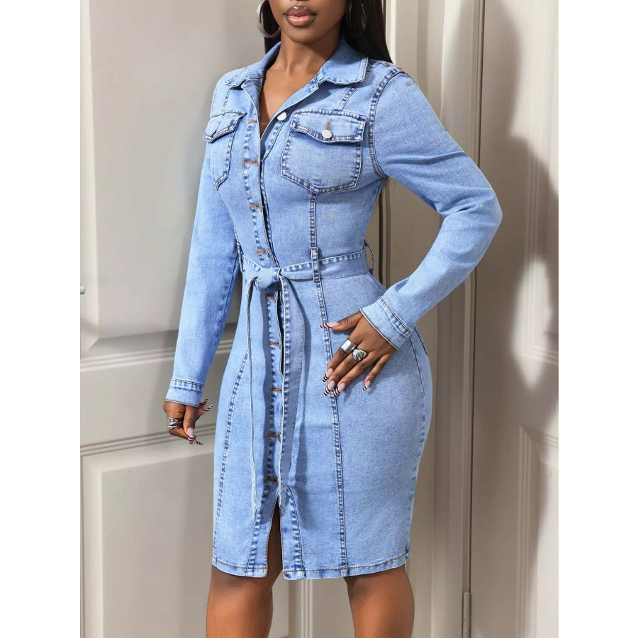 Button-Down Tie Waist Denim Dress Apparel and Accessories
