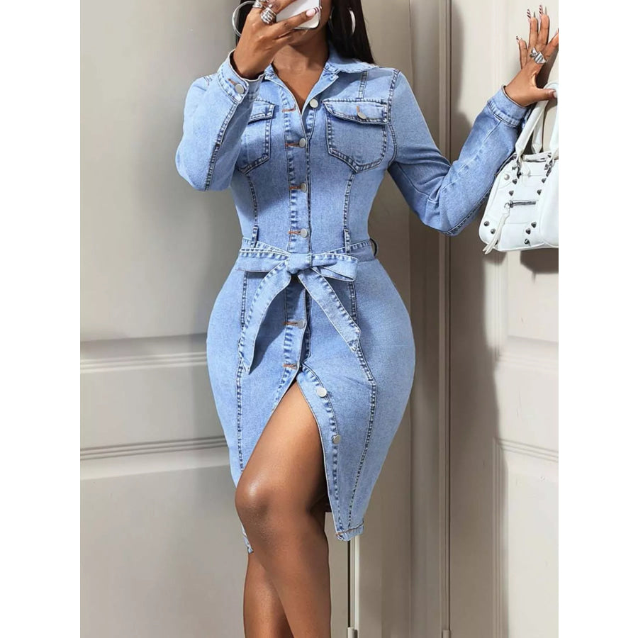 Button-Down Tie Waist Denim Dress Blue / S Apparel and Accessories