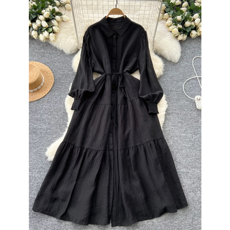 Button Down Tiered Long Sleeve Dress Black / One Size Apparel and Accessories