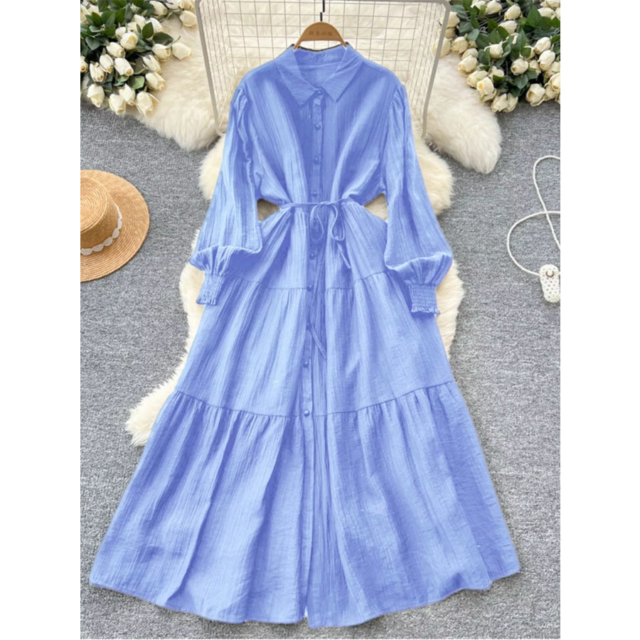 Button Down Tiered Long Sleeve Dress Blue / One Size Apparel and Accessories