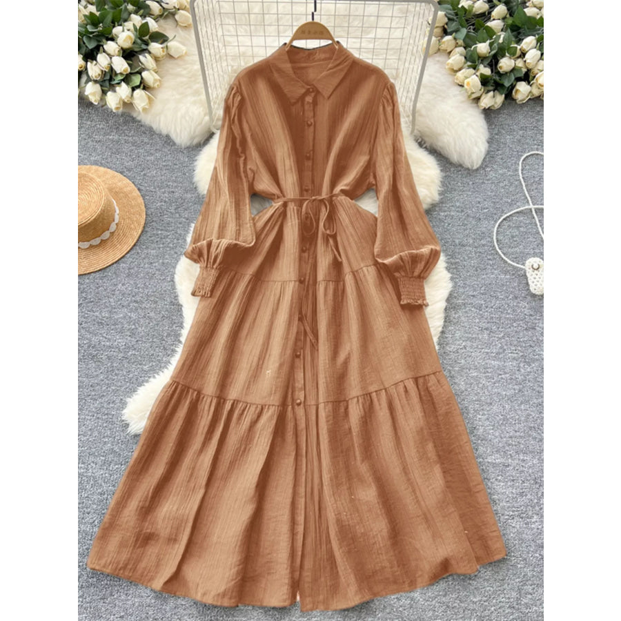 Button Down Tiered Long Sleeve Dress Caramel / One Size Apparel and Accessories
