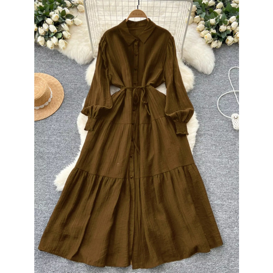 Button Down Tiered Long Sleeve Dress Olive Brown / One Size Apparel and Accessories