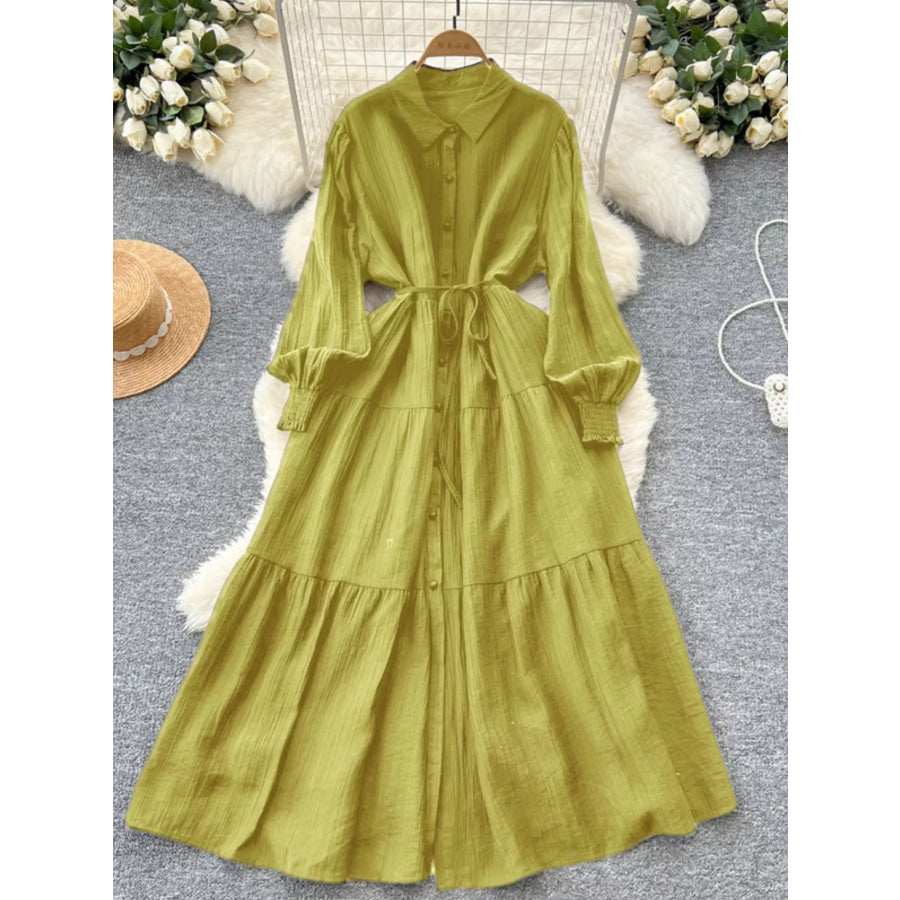 Button Down Tiered Long Sleeve Dress Yellow-Green / One Size Apparel and Accessories