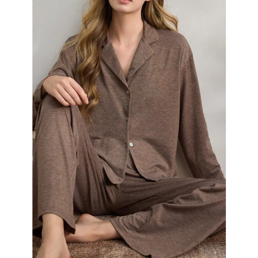 Button-Down Top and Wide-Leg Pants Lounge Set Brown / S Apparel Accessories