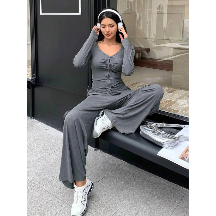Button-Down Top & Wide Leg Pants Set Apparel and Accessories