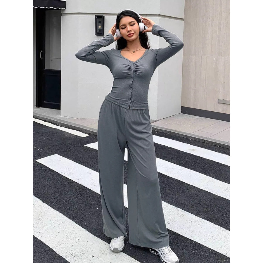 Button-Down Top & Wide Leg Pants Set Apparel and Accessories