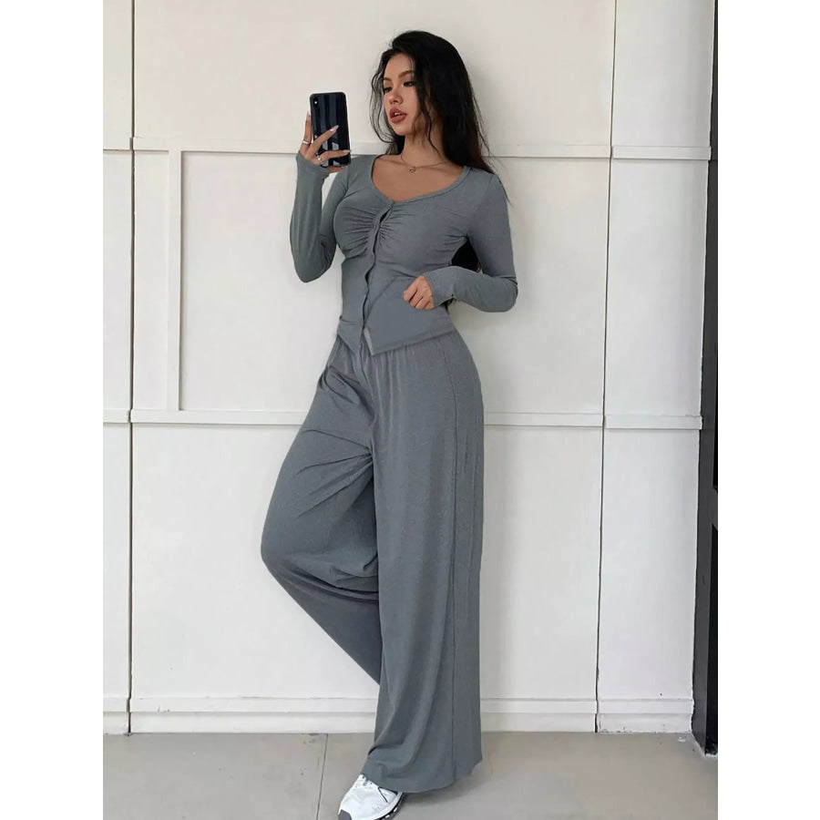 Button-Down Top & Wide Leg Pants Set Apparel and Accessories