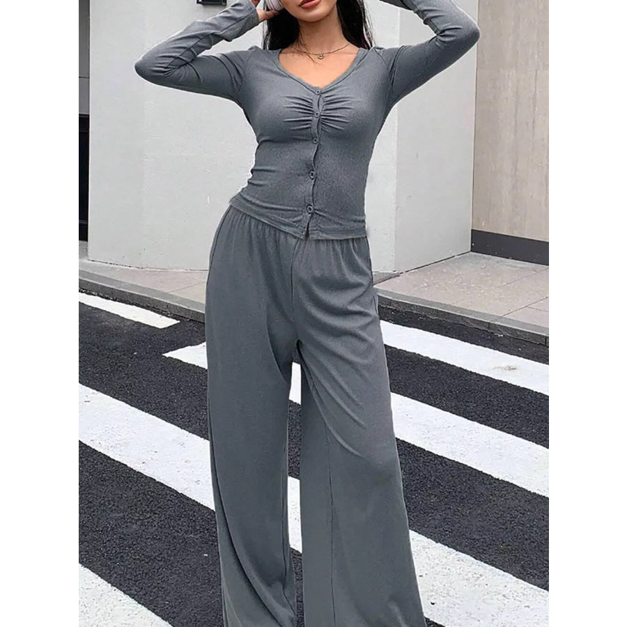 Button-Down Top & Wide Leg Pants Set Gray / S Apparel and Accessories