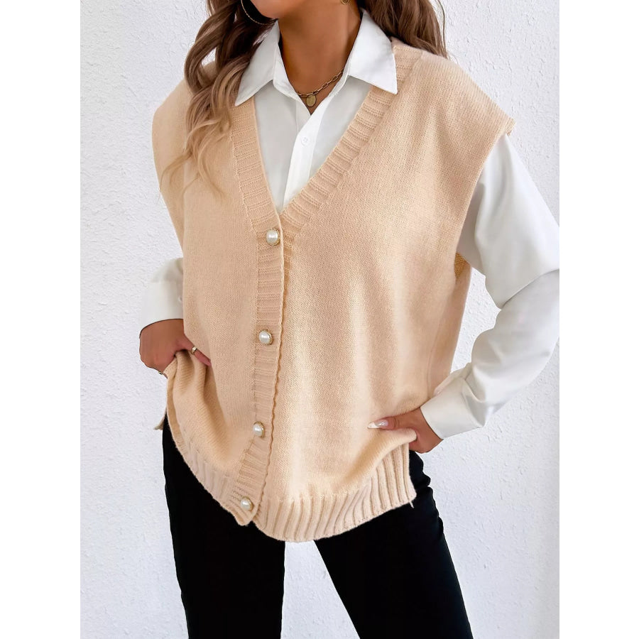 Button-Down Button Up Sweater Vest Apricot / One Size Apparel and Accessories