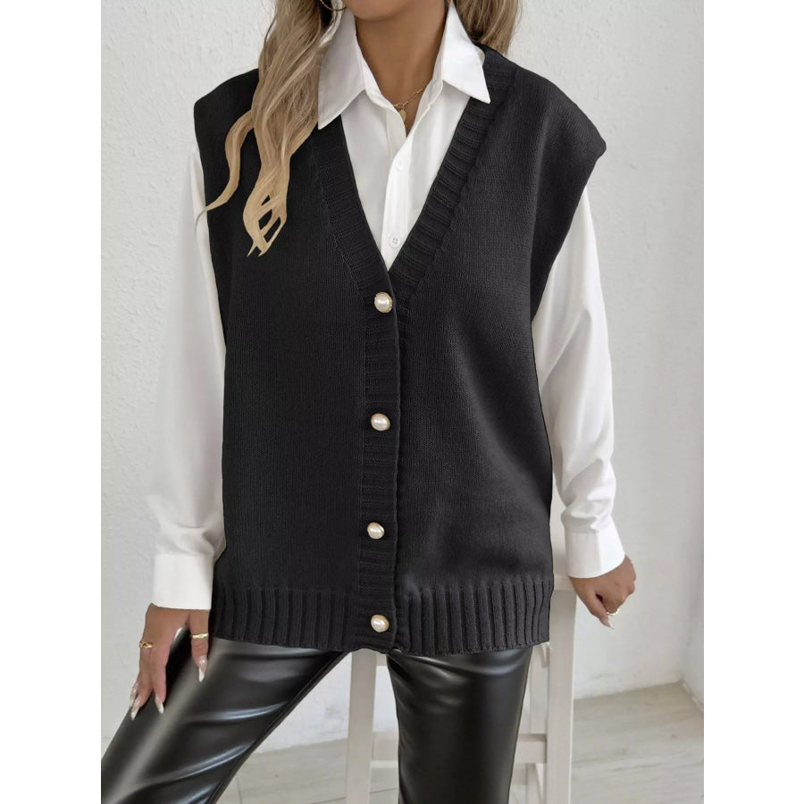 Button-Down Button Up Sweater Vest Black / One Size Apparel and Accessories