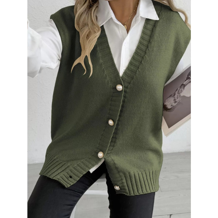 Button-Down Button Up Sweater Vest Moss / One Size Apparel and Accessories