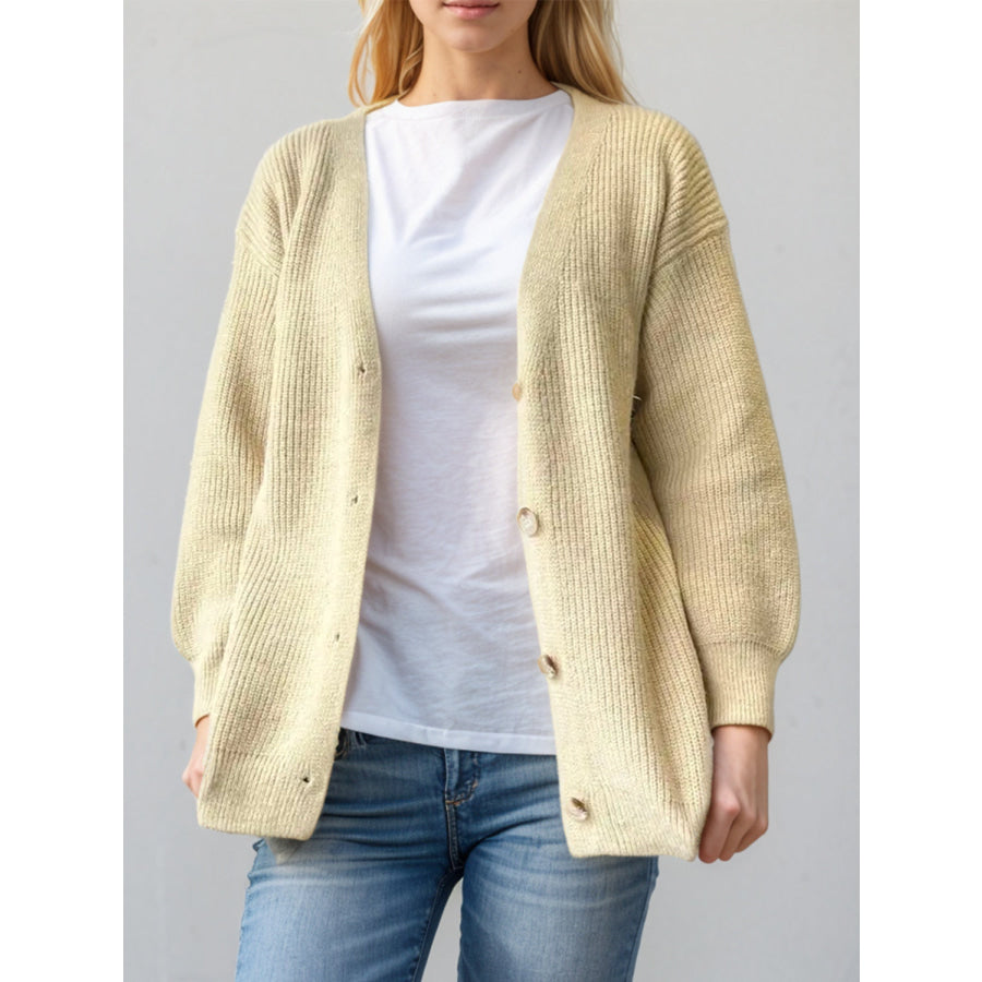 Button Down V-Neck Long Sleeve Cardigan Pastel Yellow / S Apparel and Accessories