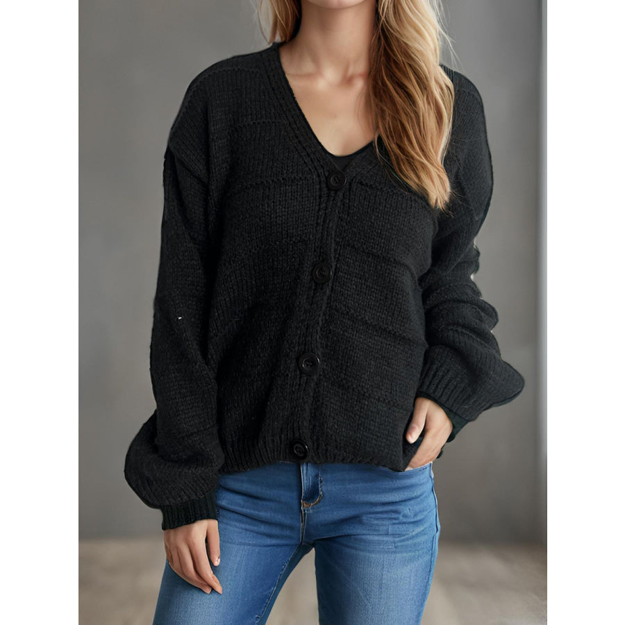 Button Down V-Neck Long Sleeve Cardigan Black / One Size Apparel and Accessories