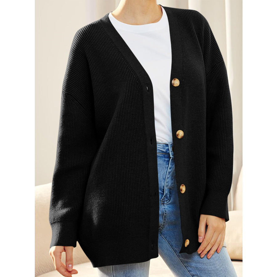 Button Down V-Neck Long Sleeve Cardigan Black / S Apparel and Accessories