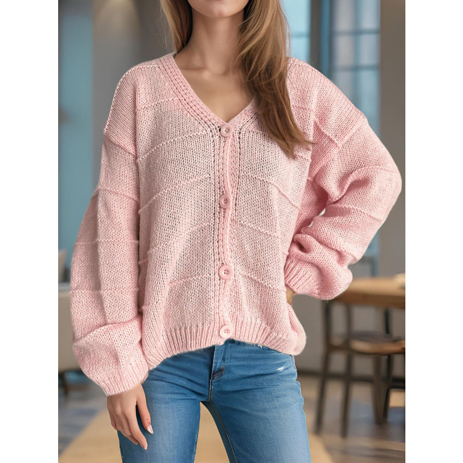 Button Down V-Neck Long Sleeve Cardigan Blush Pink / One Size Apparel and Accessories