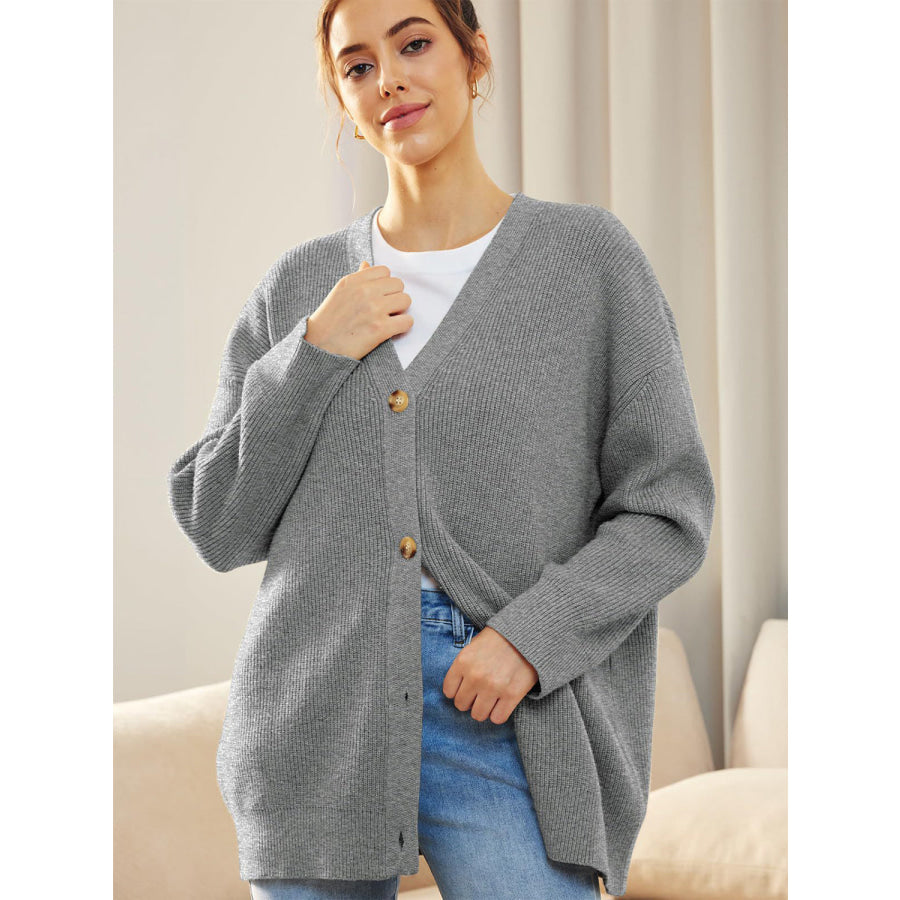 Button Down V-Neck Long Sleeve Cardigan Gray / S Apparel and Accessories