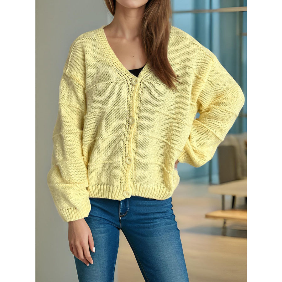 Button Down V-Neck Long Sleeve Cardigan Light Yellow / One Size Apparel and Accessories