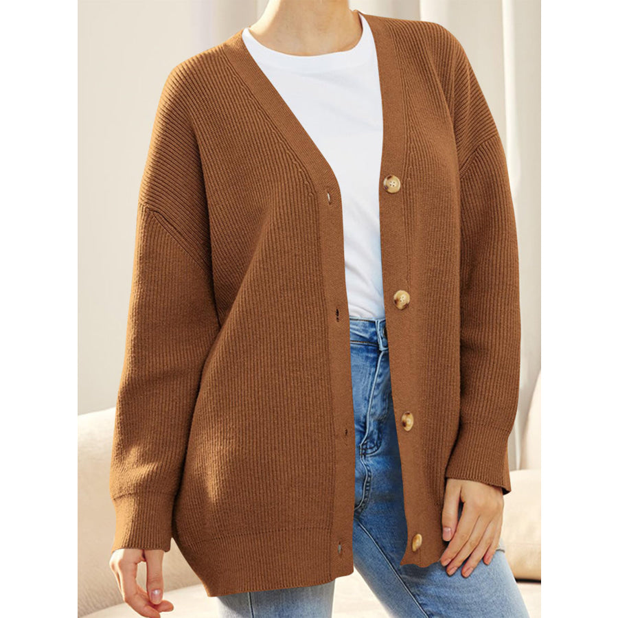 Button Down V-Neck Long Sleeve Cardigan Ochre / S Apparel and Accessories