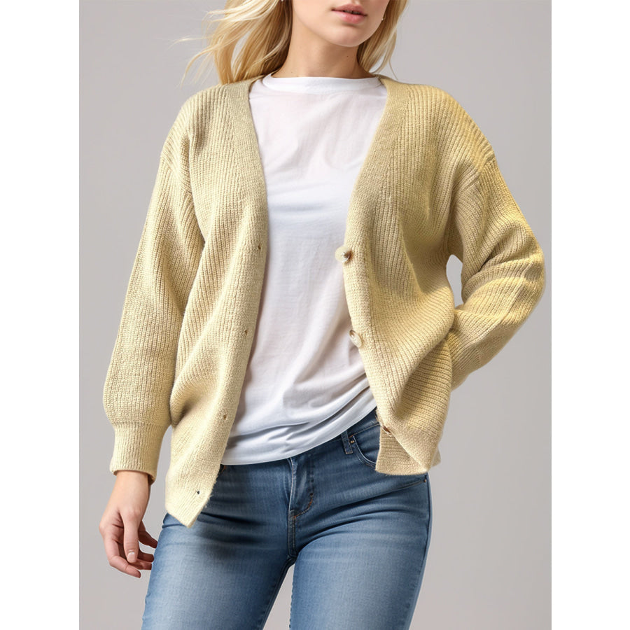 Button Down V-Neck Long Sleeve Cardigan Pastel Yellow / S Apparel and Accessories