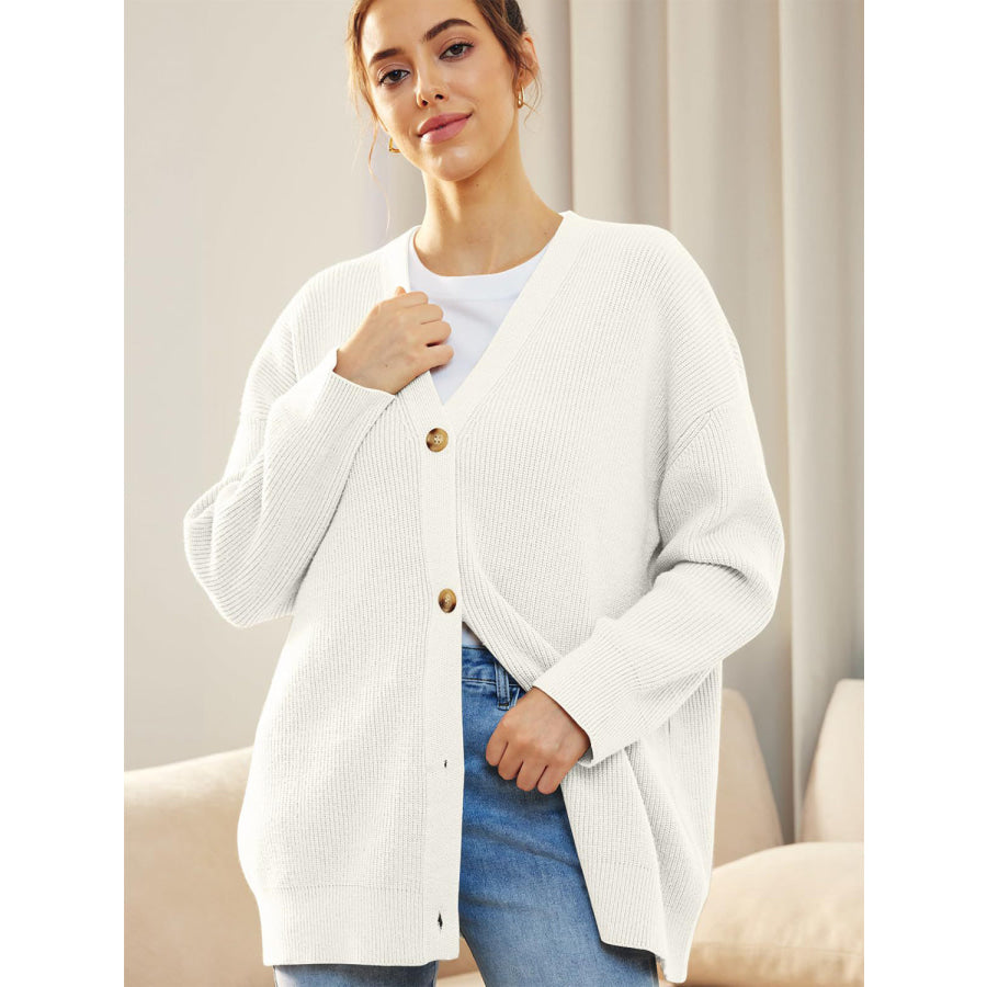 Button Down V-Neck Long Sleeve Cardigan White / S Apparel and Accessories