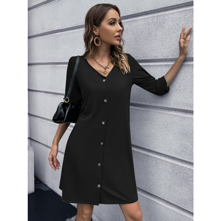 Button Down V-Neck Mini Dress Black / S