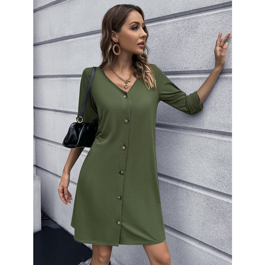 Button Down V-Neck Mini Dress Matcha Green / S