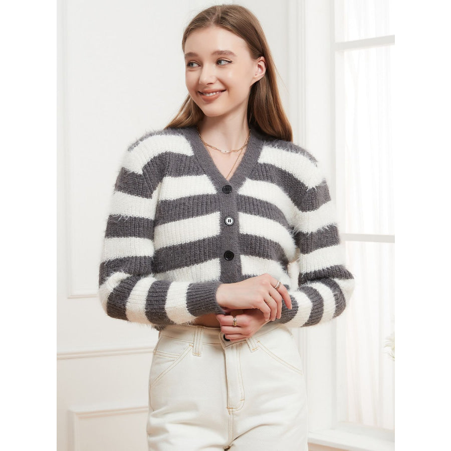 Button Down V-Neck Striped Cardigan Gray / One Size Apparel and Accessories