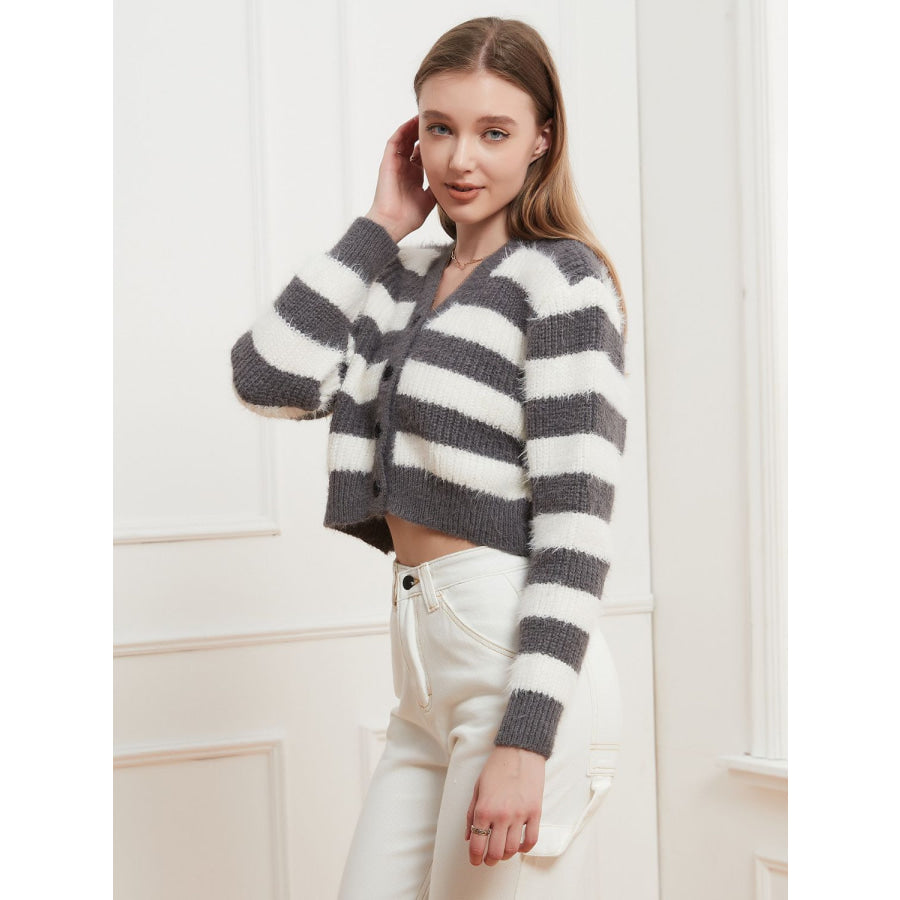 Button Down V-Neck Striped Cardigan Gray / One Size Apparel and Accessories